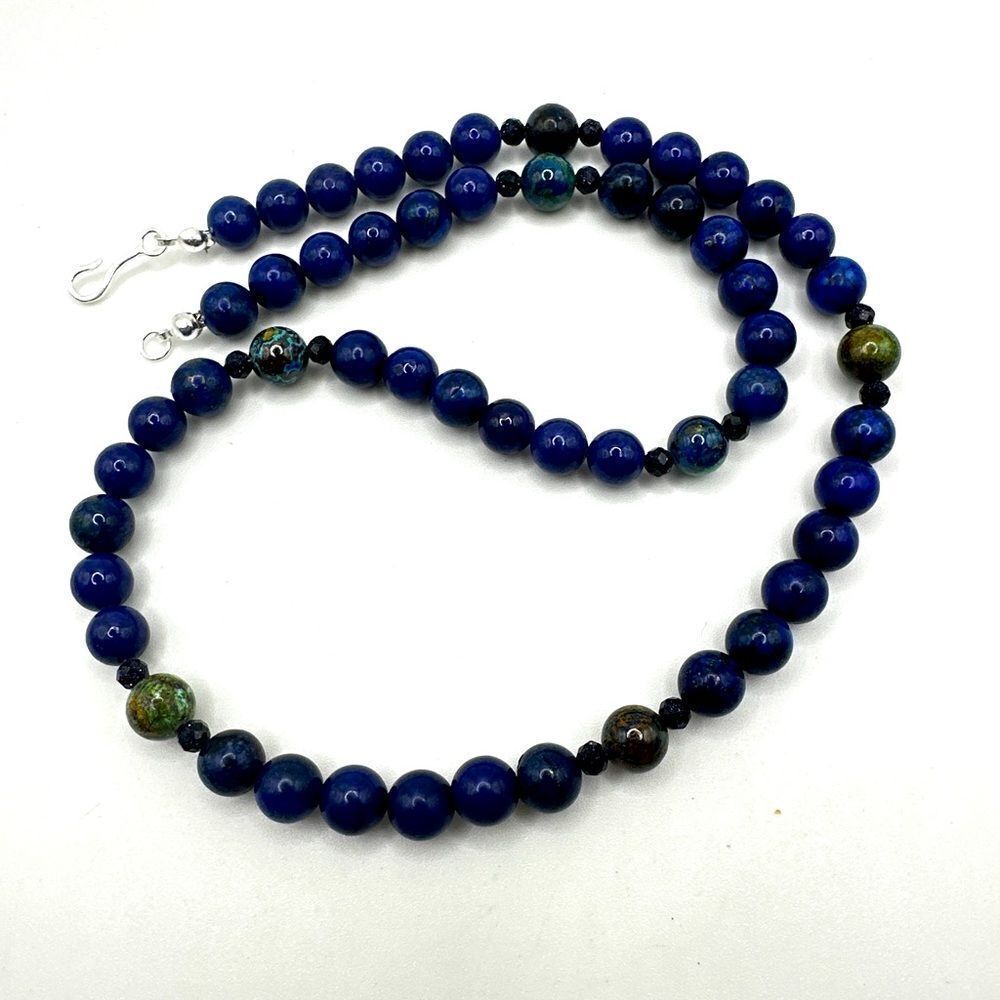 Stunning 20"‎ lapis lazuli, azurite, and goldstone necklace with 925 hardware!